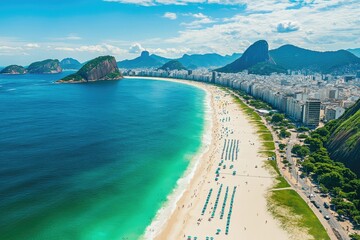 Panoramic view of Copacabana Beach, Rio de Janeiro.  Coastal city, sunlit beach, turquoise water,  white sand,  hills, mountains