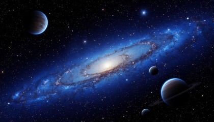 A stunning 3D render of a galaxy in deep space. The scene is filled with vibrant blue hues and various planets orbiting around the magnificent spiral galaxy. 4K quality detail showcases 