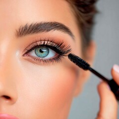 Naklejka premium A close-up of an eye with long, thick eyelashes and a mascara brush next to it. The focus is on highlighting the eyelashes and showing off the beauty of the makeup.