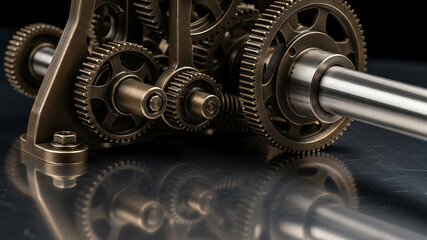 Close-up photo of intricate metallic gears and shafts reflecting on a polished surface, showcasing precision industrial machinery.