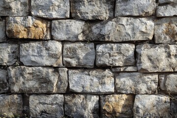 Obraz premium Close-up view of a stone wall, light gray and tan blocks in even rows, showing texture and shadows