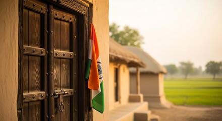 Hanging National Flag on Rustic Wooden Door in Village Setting