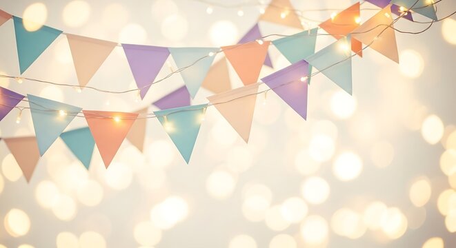 Festive bunting of pastel colored triangular flags strung with fairy lights against a soft, bokeh background of warm, glowing lights.