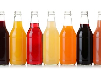 Row of colorful glass bottles filled with various fruit-flavored drinks against a white background.