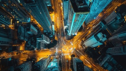 Aerial view of a busy urban intersection at night, with numerous towering buildings.  Brightly lit streets crisscross, creating a complex network.  