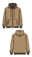 Naklejka premium Technical flat sketch of a brown zip up hooded jacket with front pockets and ribbed cuffs and hem