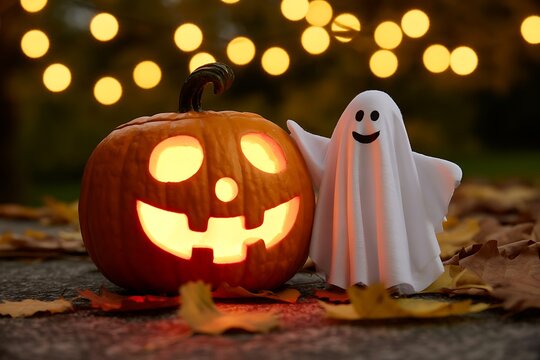 A friendly ghost stands next to a glowing jackolantern on a fall evening