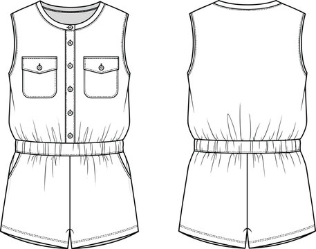 Sleeveless romper technical sketch with button placket, chest flap pockets, elastic waistband, side pockets, front and back views, round neckline, minimalist garment fashion flat