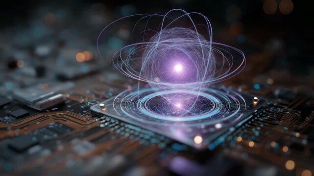 Computer chip with a purple light on it. The chip is on a black background. holographic infographic of quantum algorithm, floating above neural chip, soft tech design, quantum ai development