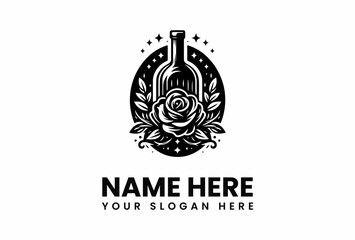 Elegant Wine Bottle and Rose Logo Design with Starry Accents.