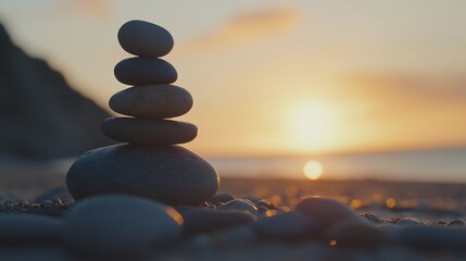 Balanced Stones on Beach at Sunset Serene Scene Tranquil Coastal Landscape