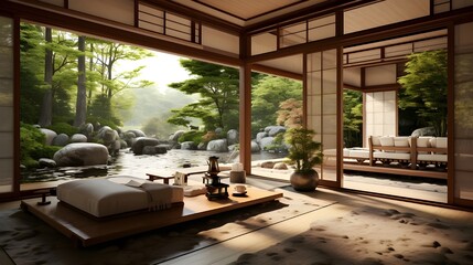 Tranquil Japanese style interior with serene river view, ideal for meditation and relaxation concepts