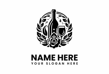 Naklejka premium Elegant Wine Logo Featuring Bottle Glass Rose and Laurel Wreath Design.