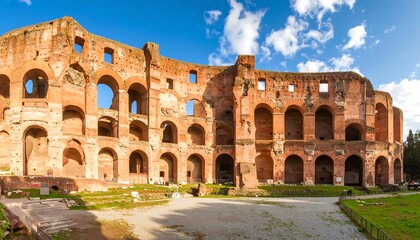 Fototapeta premium Expansive view of ancient Roman ruins, showing brick walls, arches, and a spacious courtyard under a sunny sky