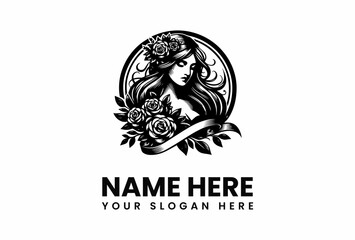 Elegant Woman Portrait with Rose Crown and Floral Embellishments in Black and White.