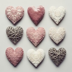 Fototapeta premium Nine handcrafted heart-shaped decorations arranged in a grid, showcasing varied textures and patterns.
