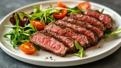 Sliced steak with mixed greens and cherry tomatoes on a white plate (3)