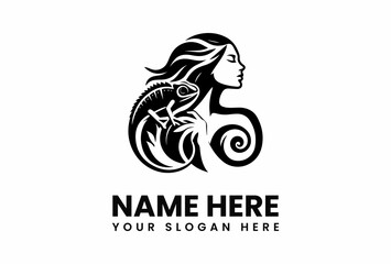 Elegant Woman with Chameleon Logo Design Symbolic of Nature and Beauty.