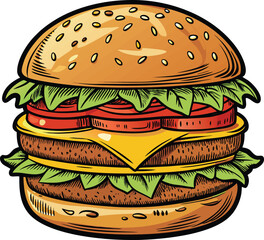 Delicious grilled beef cheeseburger with melted cheese, fresh lettuce, and tomato on a sesame bun, isolated on a white background