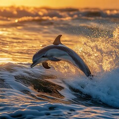 Warm light reflects on dolphin breaking ocean wave high resolution picture