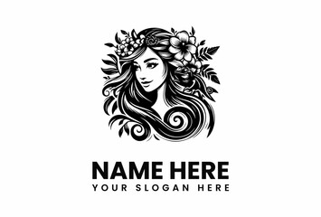 Elegant Woman with Floral Crown and Chameleon Black and White Logo.