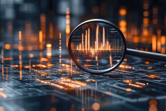 Magnifying glass focused on data graph on circuit board