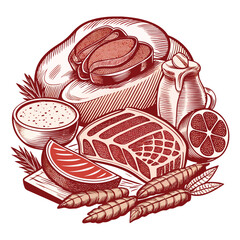 A vector illustration of a fresh, healthy meal featuring sliced raw pork and beef, perfect for a gourmet dinner or breakfast