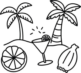 A vibrant vector illustration of tropical summer cocktails and drinks set against a sunny beach with palm trees, perfect for a refreshing island holiday