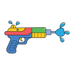 A vibrant toy gun bursts with a splash of colorful water, creating an energetic explosion of rainbow hues, fun, and playful summer vibes in mid-air.
