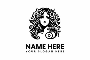 Elegant Woman with Floral Hair and Chameleon Logo Design.