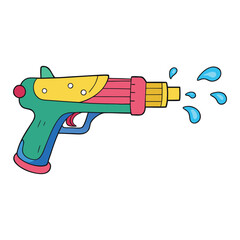 A vibrant toy gun bursts with a splash of colorful water, creating an energetic explosion of rainbow hues, fun, and playful summer vibes in mid-air.
