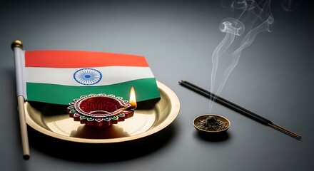 Indian Flag with Lit Lamp and Incense on a Brass Plate