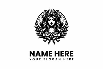 Elegant woman with roses and laurel wreath monochrome logo design.