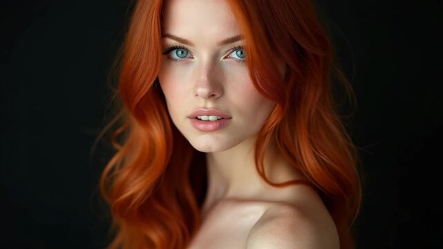 Portrait of redhead sexy woman with long hair on black background. Perfect girl with the blue eyes, nice clean skin, beautiful natural makeup, red hair.