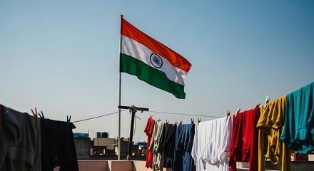Flag Flying Over Rooftop with Clothes Hanging on a Line