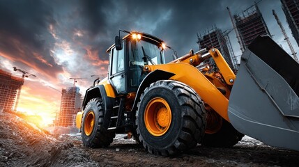 Heavy construction vehicle at sunset construction site