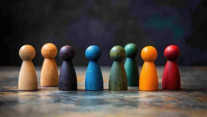 Colorful wooden figures in a row