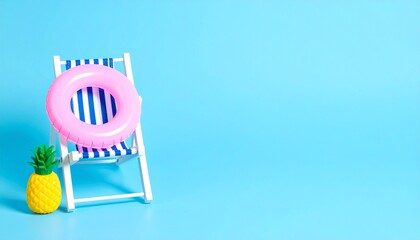 Summer beach concept, chair with ring floating and pineapple on blue background.
