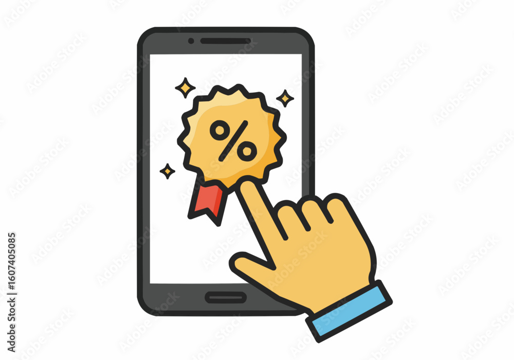 Poster a hand pointing at a percentage badge displayed on a smartphone screen.