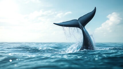 Fototapeta premium Whale fluke arching through open blue ocean high resolution picture
