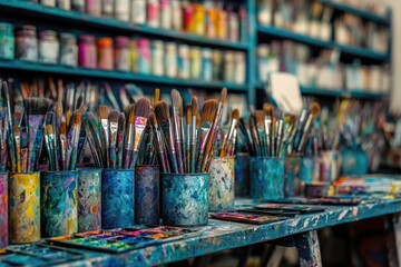 Paintbrushes and pigments in a vibrant artist's studio. Rows of colorful paint containers and tins holding paintbrushes stand on a work surface. The scene is bustling with creative energy