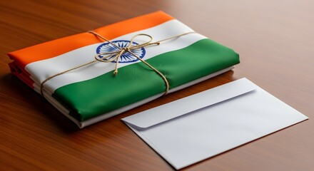 Flag Wrapped with Twine and Envelope on Wooden Table