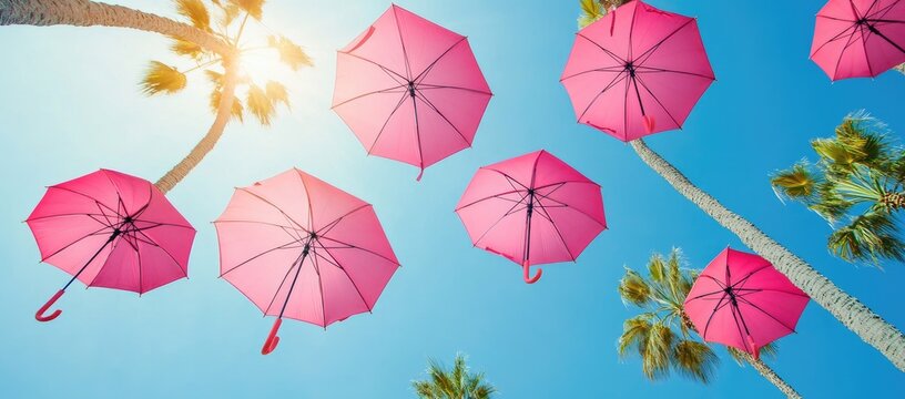 Pink umbrellas float in a sunny sky, amidst palm trees