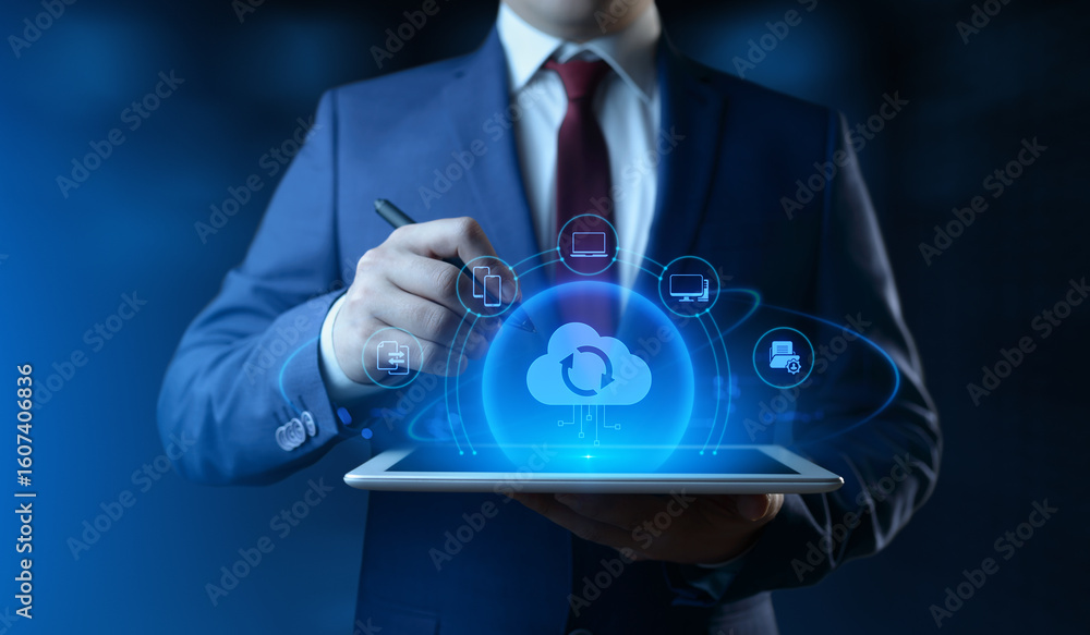 Poster businessman holding tablet with cloud computing icons on screen. data transfer and cloud backup tech
