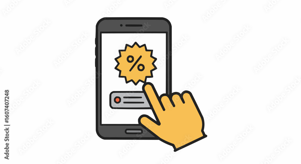 Poster a hand points at a smartphone screen displaying a discount tag and notification.