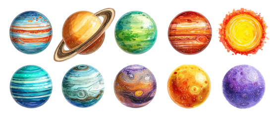 Collection of colorful watercolor planets and sun isolated on a transparent background solar system space