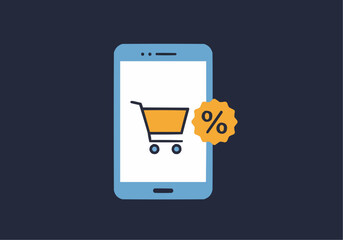 Smartphone displaying shopping cart icon with discount percentage symbol, indicating mobile online shopping deals.