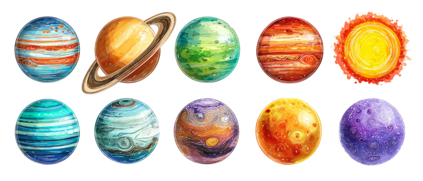 Collection of colorful watercolor planets and sun isolated on a transparent background solar system space