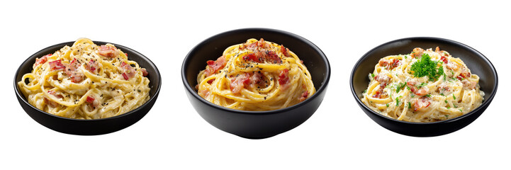 Set of Creamy pasta carbonara in black bowl with bacon isolated on a transparent background
