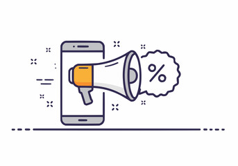 Online promotion and mobile marketing concept with a smartphone and megaphone announcing a sales discount with a percentage symbol.